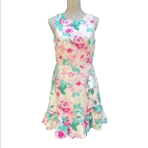 NINE West Dress Pink Green Floral Eyelet Asymmetric Ruffle Hem Size 5 NEW - Picture 1 of 12